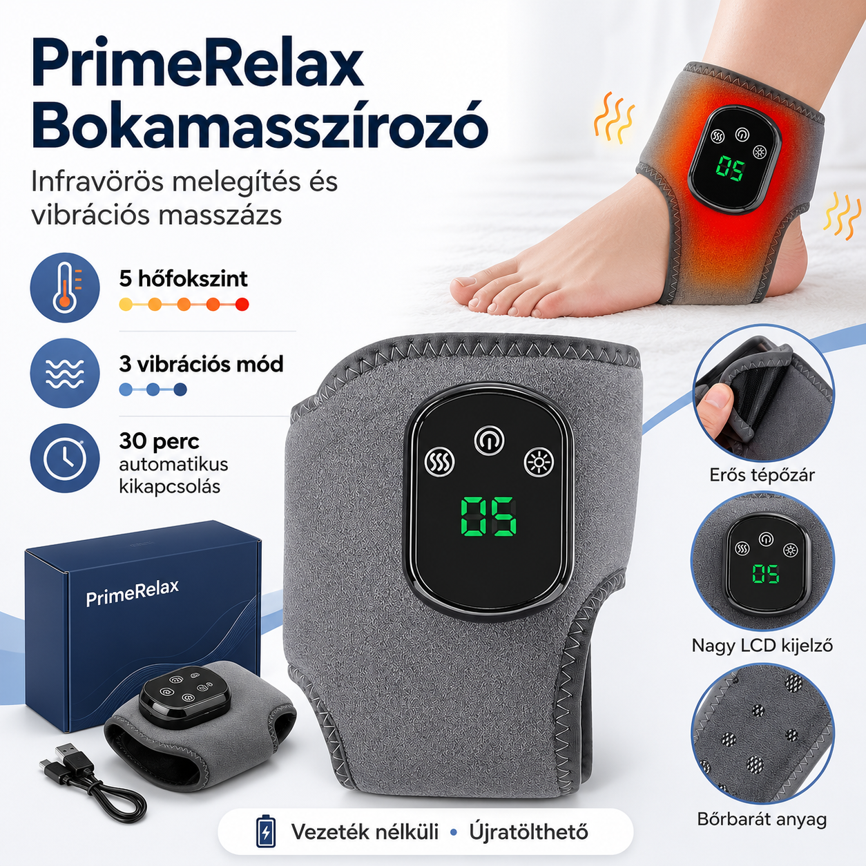 PrimeRelax Fűtős-Vibrációs Bokamasszírozó Pánt